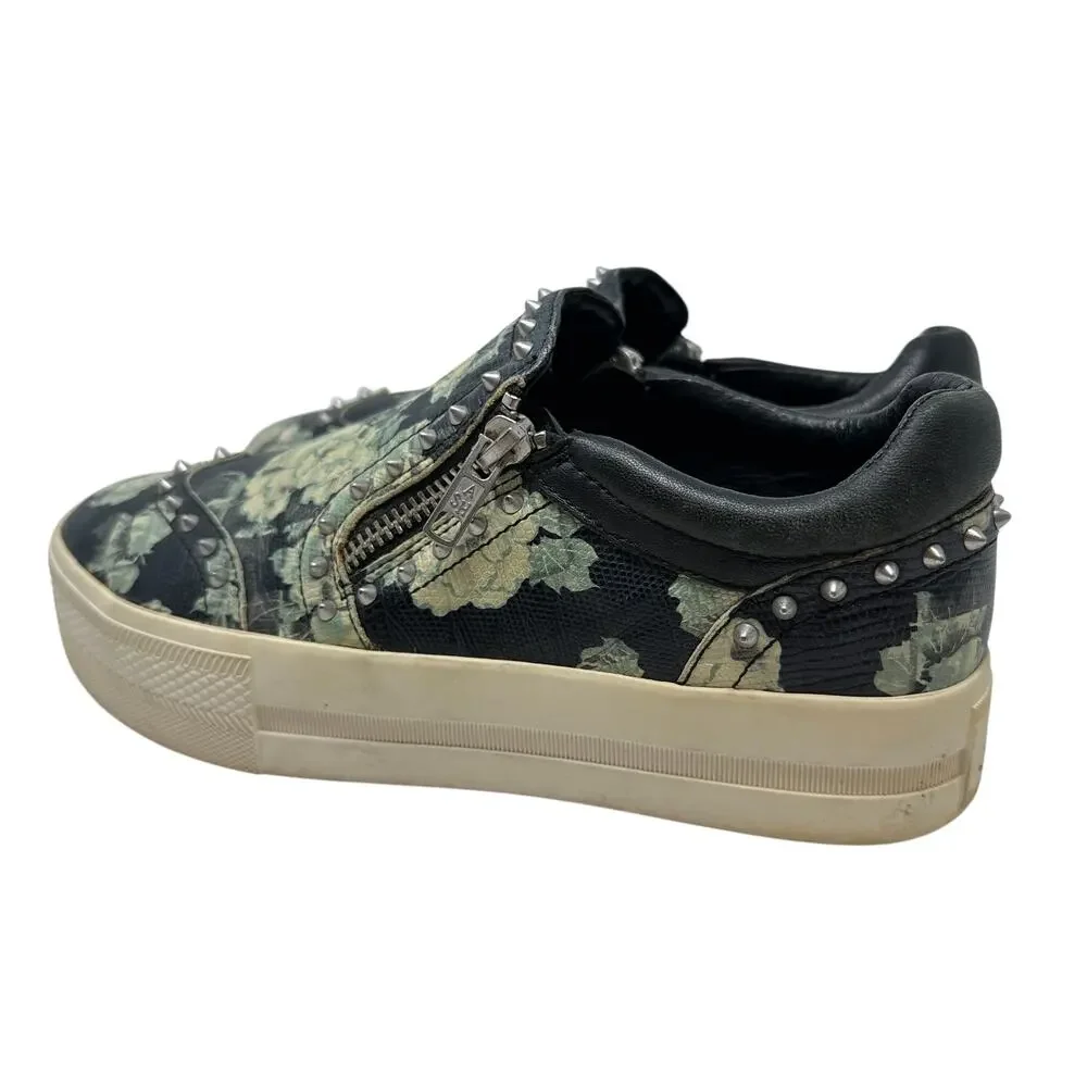Ash Jasmin‎ Platform Sneakers Leather Floral Studded Black Blue Size 38 US 7.5 8